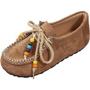 Women's Light Brown Beaded Round Toe Slip On Flats Walking Flats Slipper Shoes